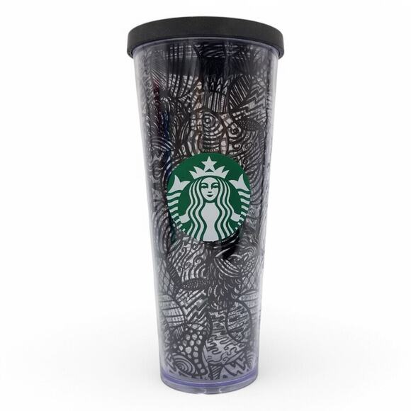 STARBUCKS 2014 Acrylic VENTI 24 Oz Cold Cup Tumbler BLACK CIRCLES LINES WEB - Picture 1 of 5